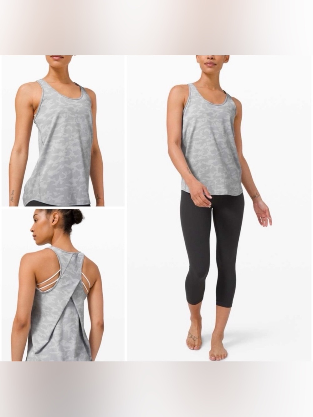 Lululemon Essential Tank Pleated Incognito Camo Silver Drop Alpine White 6 EUC